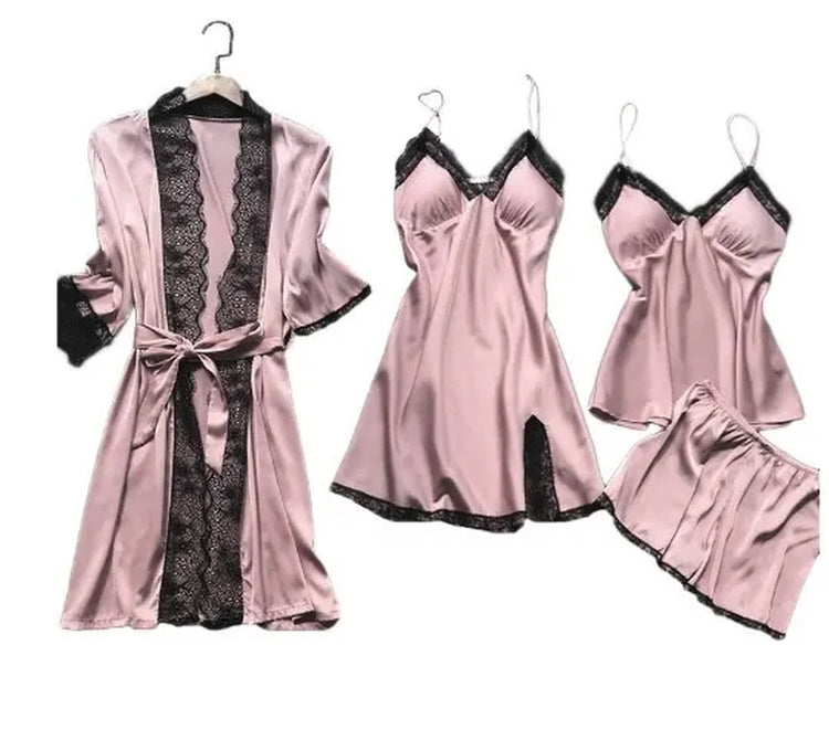 4PCS Sleepwear Pajamas Set Silk Women Nightdress Lace Dress Robe Sleep Nightwear Silk Solid Color Pijama Sets